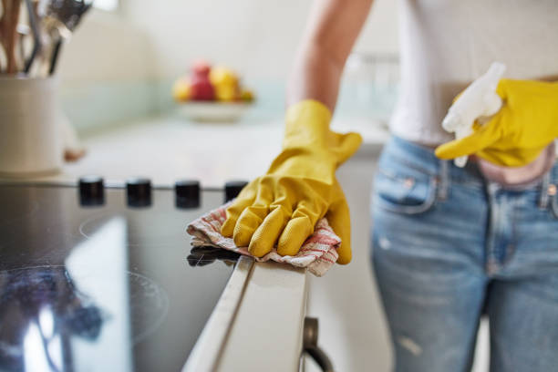 cropped shot of a woman cleaning a kitchen counter at home
